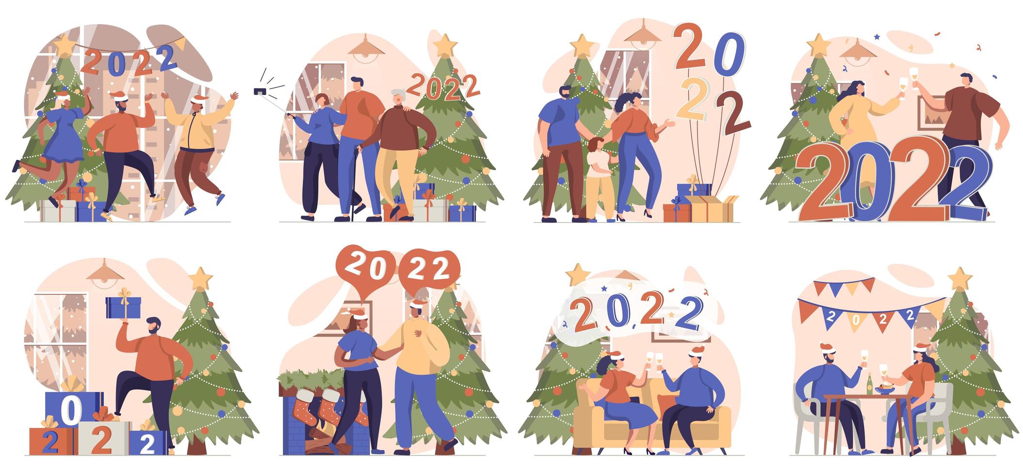 feliz año nuevo colección de escenas aisladas. personas celebrando 2022, divirtiéndose en una fiesta festiva, ambientada en un diseño plano. ilustración vectorial para blogs, sitios web, aplicaciones móviles, materiales promocionales. vector