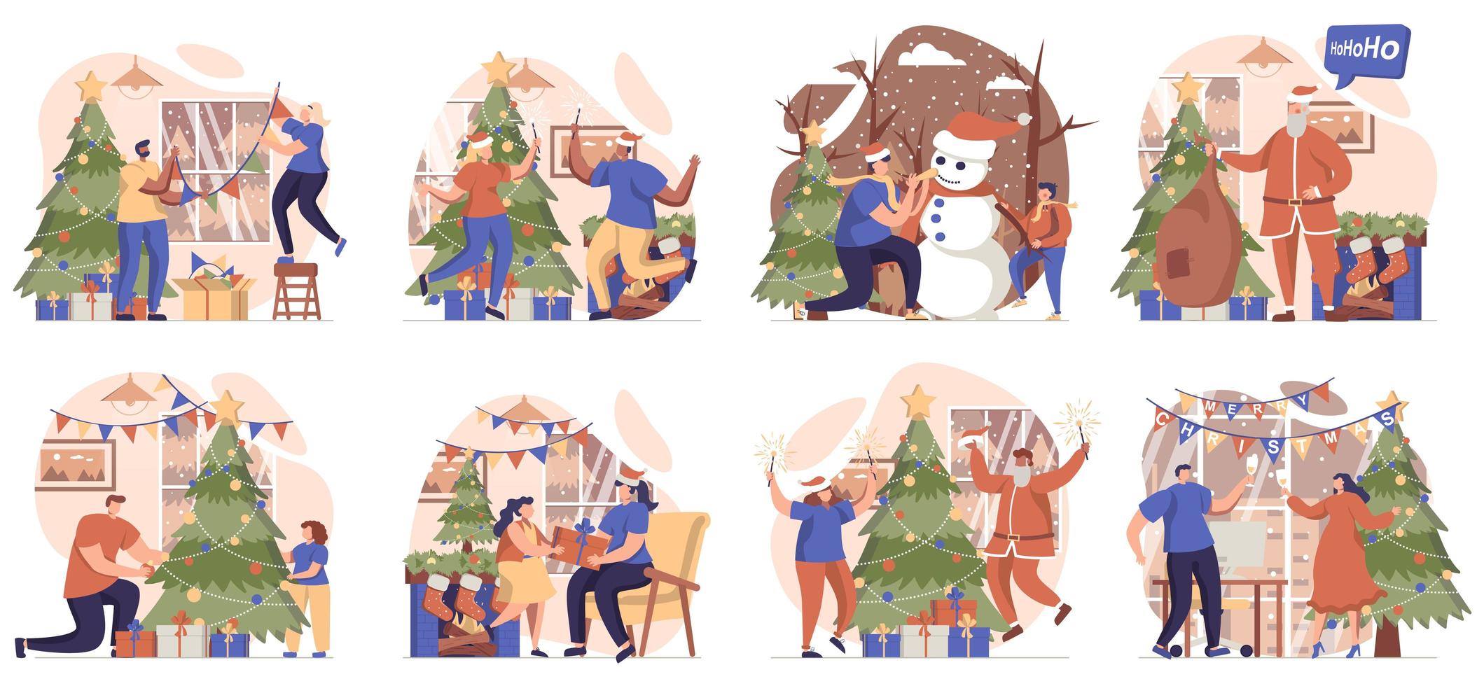 colección navideña de escenas aisladas. la gente decora el árbol festivo y celebra las vacaciones en casa, ambientado en un diseño plano. ilustración vectorial para blogs, sitios web, aplicaciones móviles, materiales promocionales. vector