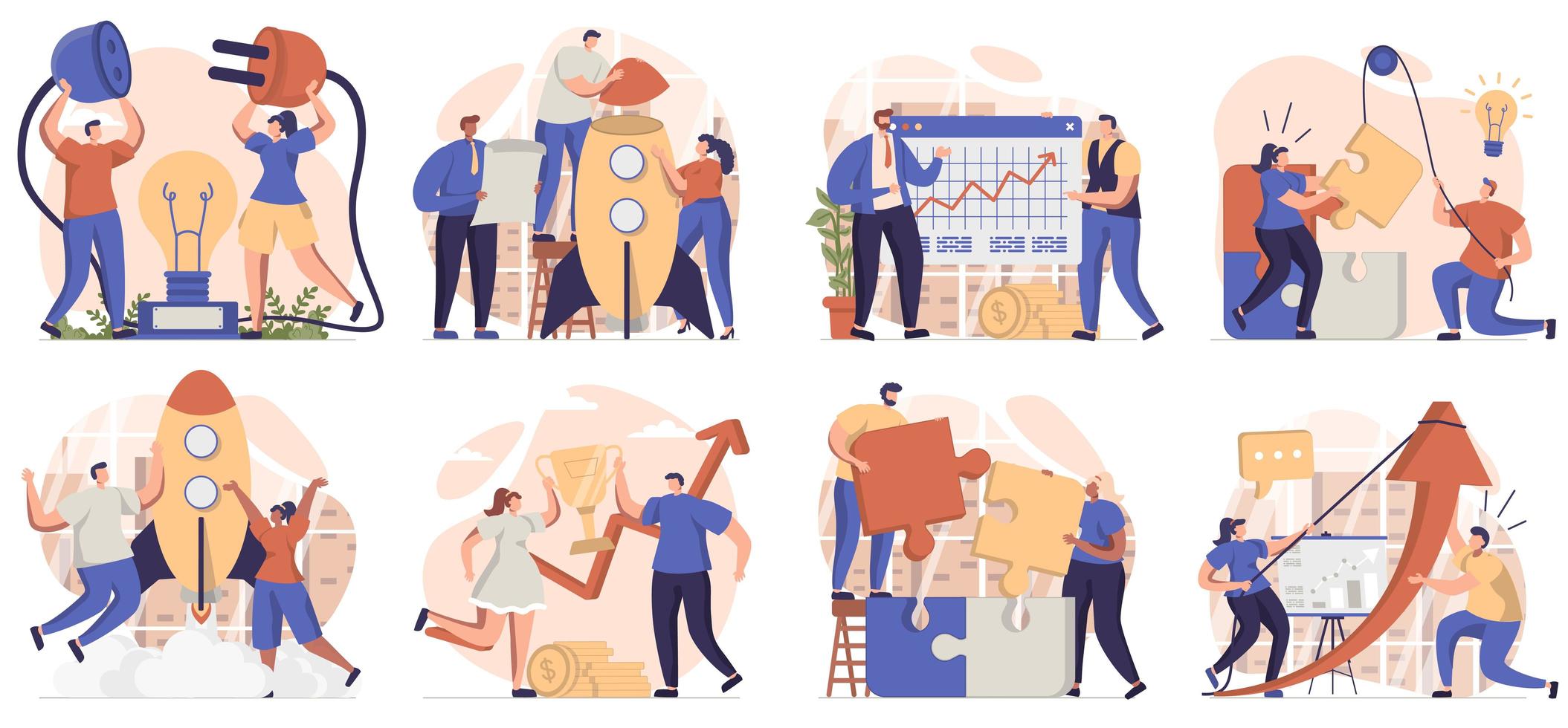 Teamwork collection of scenes isolated. People generate idea, brainstorm, collaboration at business, set in flat design. Vector illustration for blogging, website, mobile app, promotional materials.