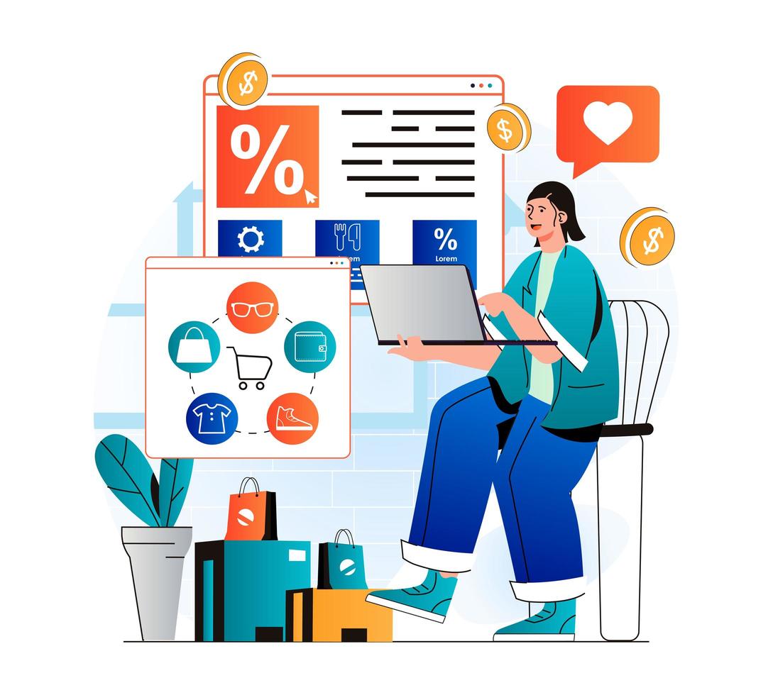 Online shopping concept in modern flat design. Woman shopping using laptop, orders and pays for purchases on store website. Discount and customer loyalty program at store website. Vector illustration