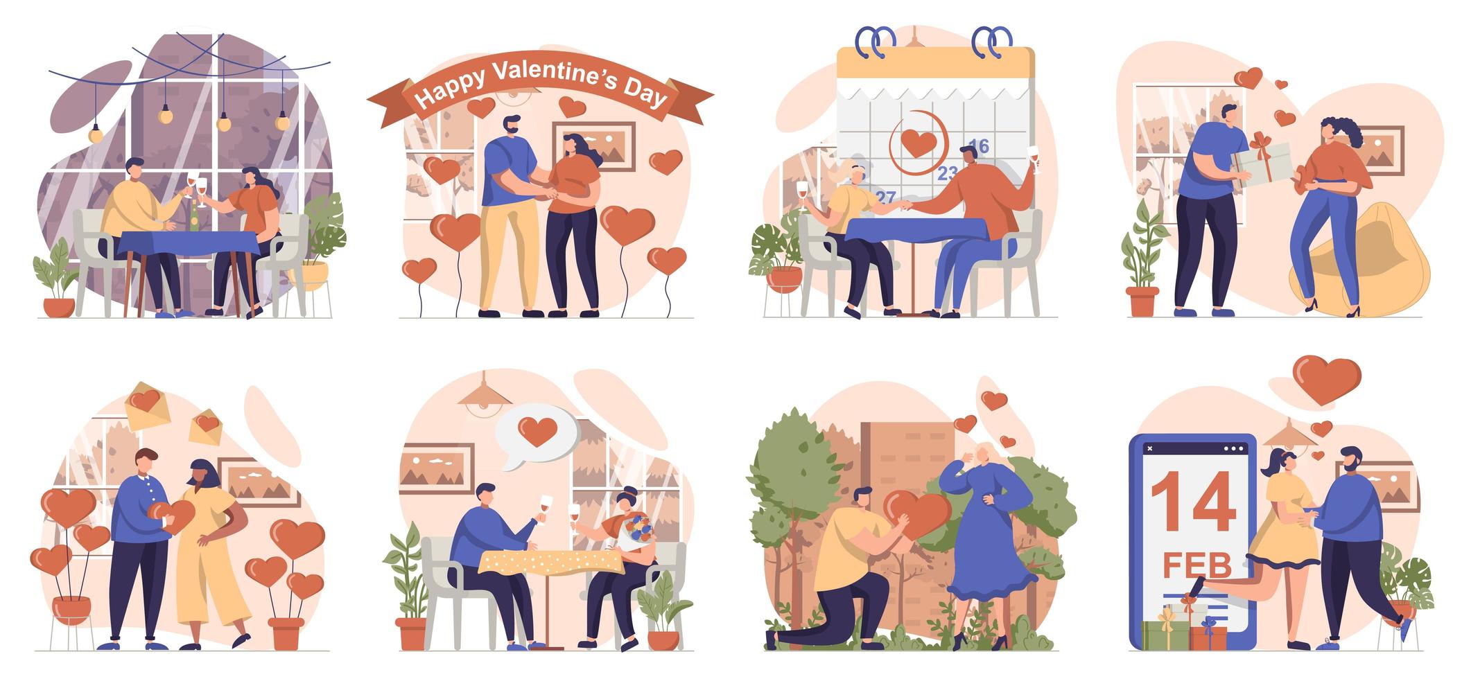 Valentines day collection of scenes isolated. People in love relationship celebrate romantic holiday, set in flat design. Vector illustration for blogging, website, mobile app, promotional materials.