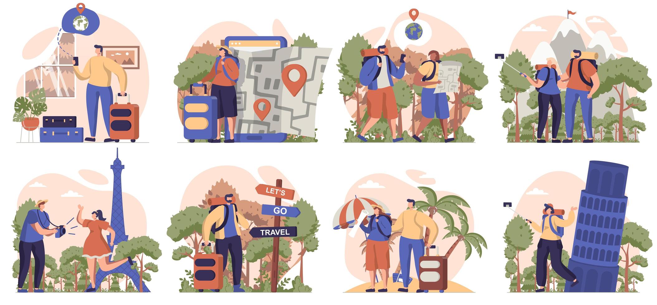 gente viajera colección de escenas aisladas. los viajeros van de vacaciones, senderismo, resort, turismo en diseño plano. ilustración vectorial para blogs, sitios web, aplicaciones móviles, materiales promocionales. vector