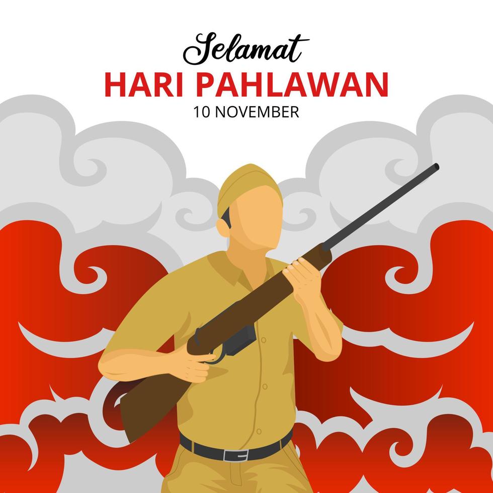 Hari pahlawan or Indonesia heroes day background with soldier holding weapon vector