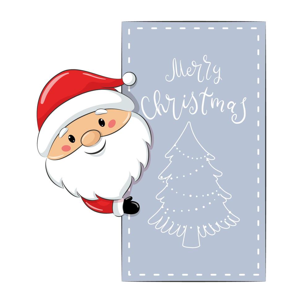 Santa claus with big signboard. Merry Christmas calligraphy lettering design. vector