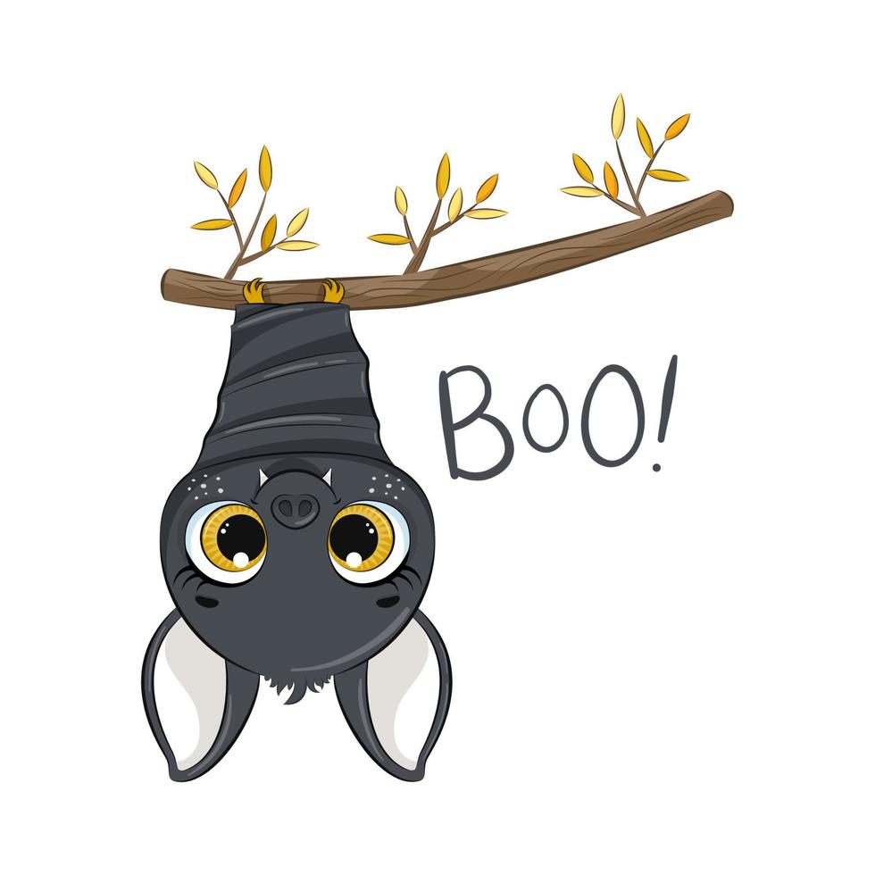 Cute bat is hanging on a branch. Happy Halloween card. Vector illustration.