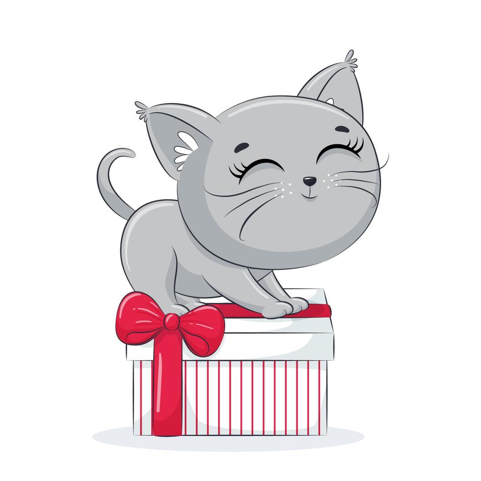 Card with a kitten with gift box. Merry Christmas design. vector