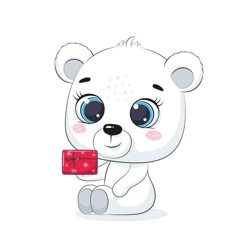 Cute polar bear with gift. Merry Christmas design. vector