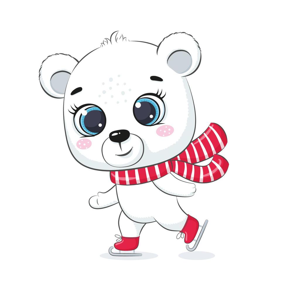 lindo oso polar patinando sobre hielo. diseño de feliz navidad. vector