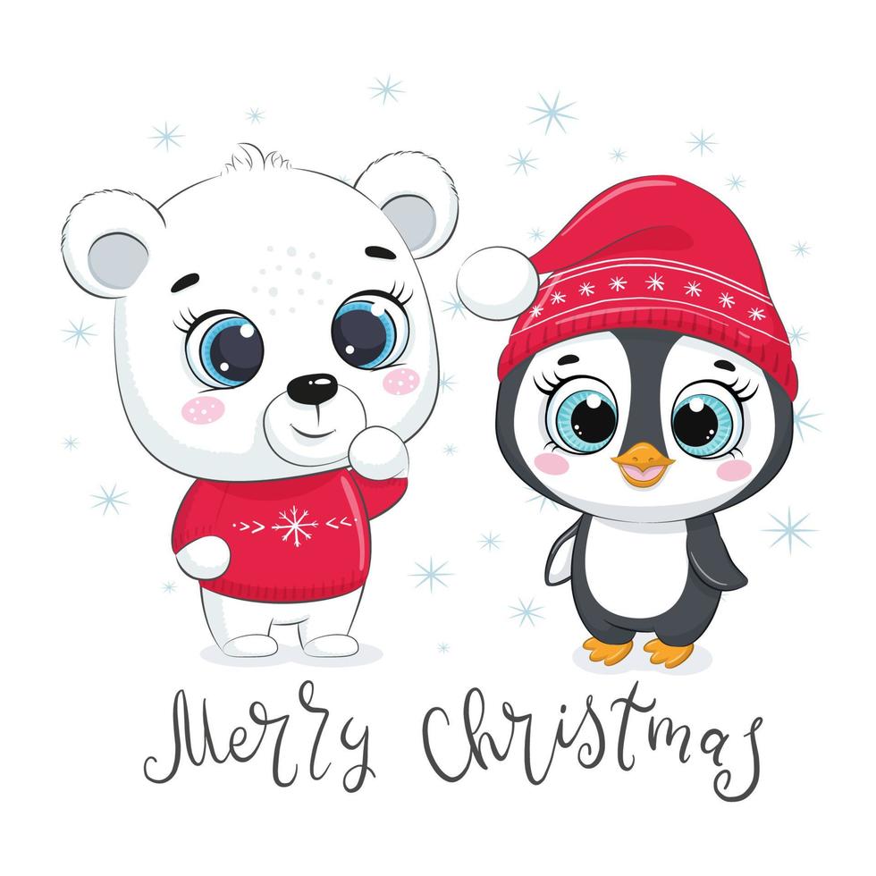 lindo oso polar con pingüino. diseño con frase feliz navidad. vector