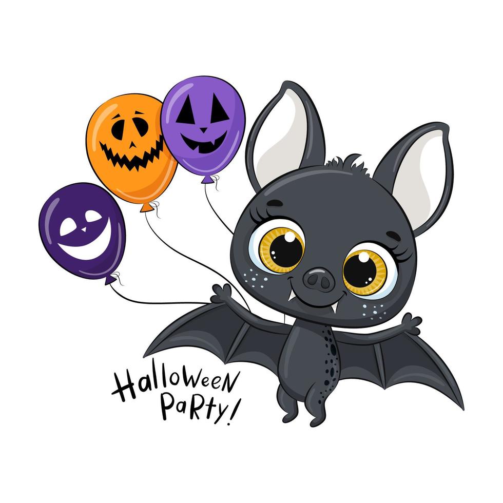 Cute bat with balloon. Happy Halloween card. Vector illustration.