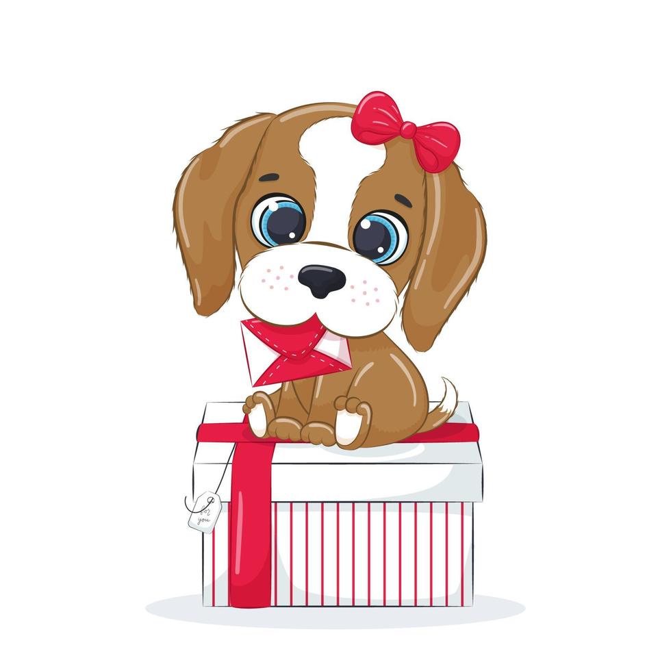 lindo perrito en la caja con letra. perro de dibujos animados con arco. regalo para las vacaciones. vector