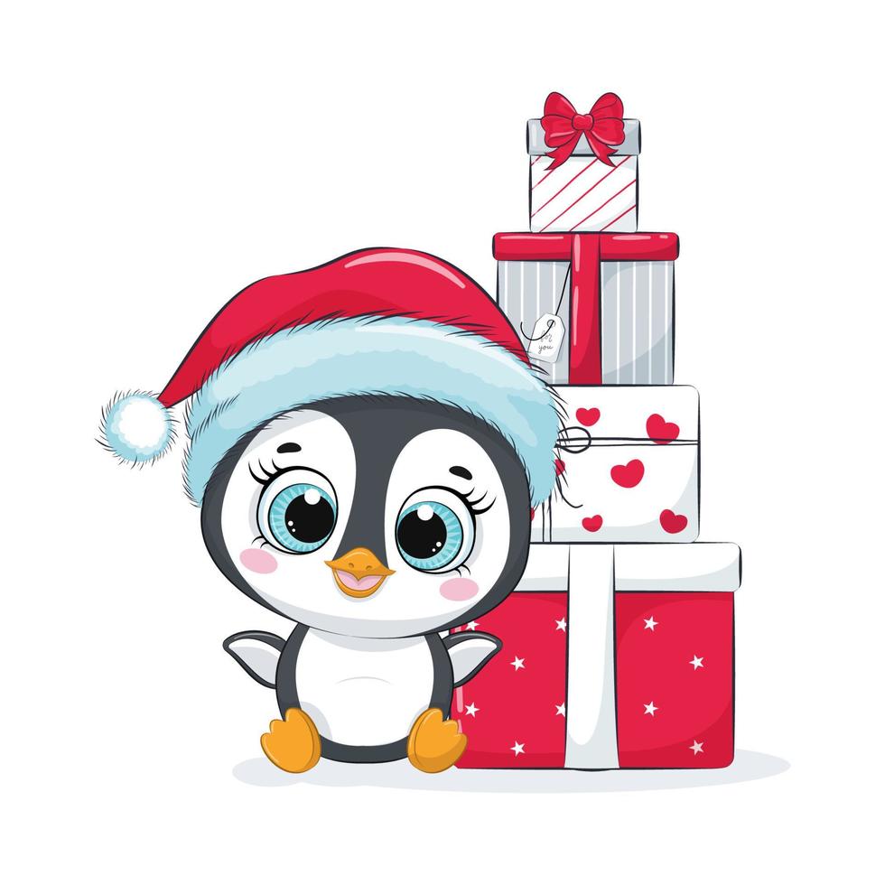 tarjeta con un pingüino con cajas de regalo. diseño de feliz navidad. vector