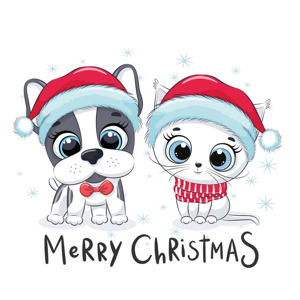 Cute kitten and puppy. Merry Christmas design. vector