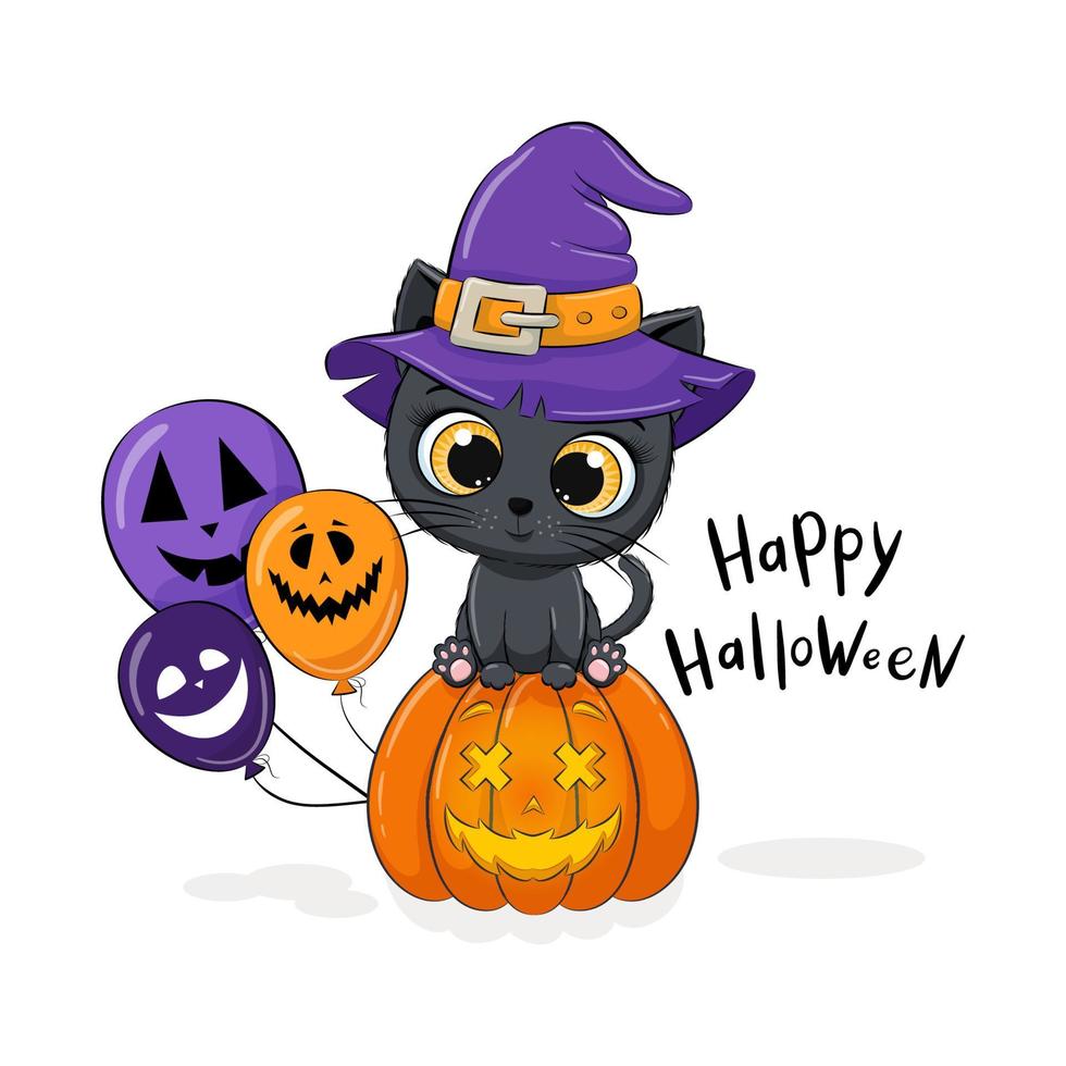 Cute kitten with hat, pumpkin and balloon. Happy Halloween card. vector