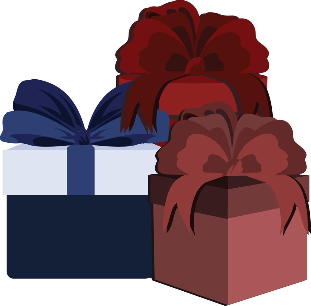 un conjunto de cajas de regalo de colores, decoradas con cintas de colores rojo, azul y rosa en forma de moños. vector