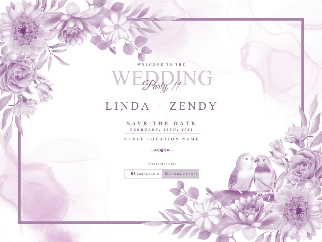 plantilla de invitación de boda floral púrpura vector
