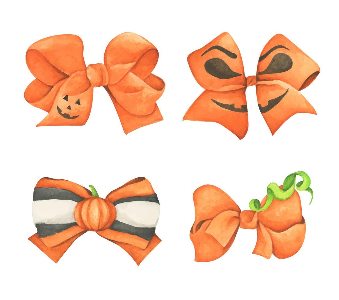 Set of orange and black halloween bows. Watercolor illustration. vector