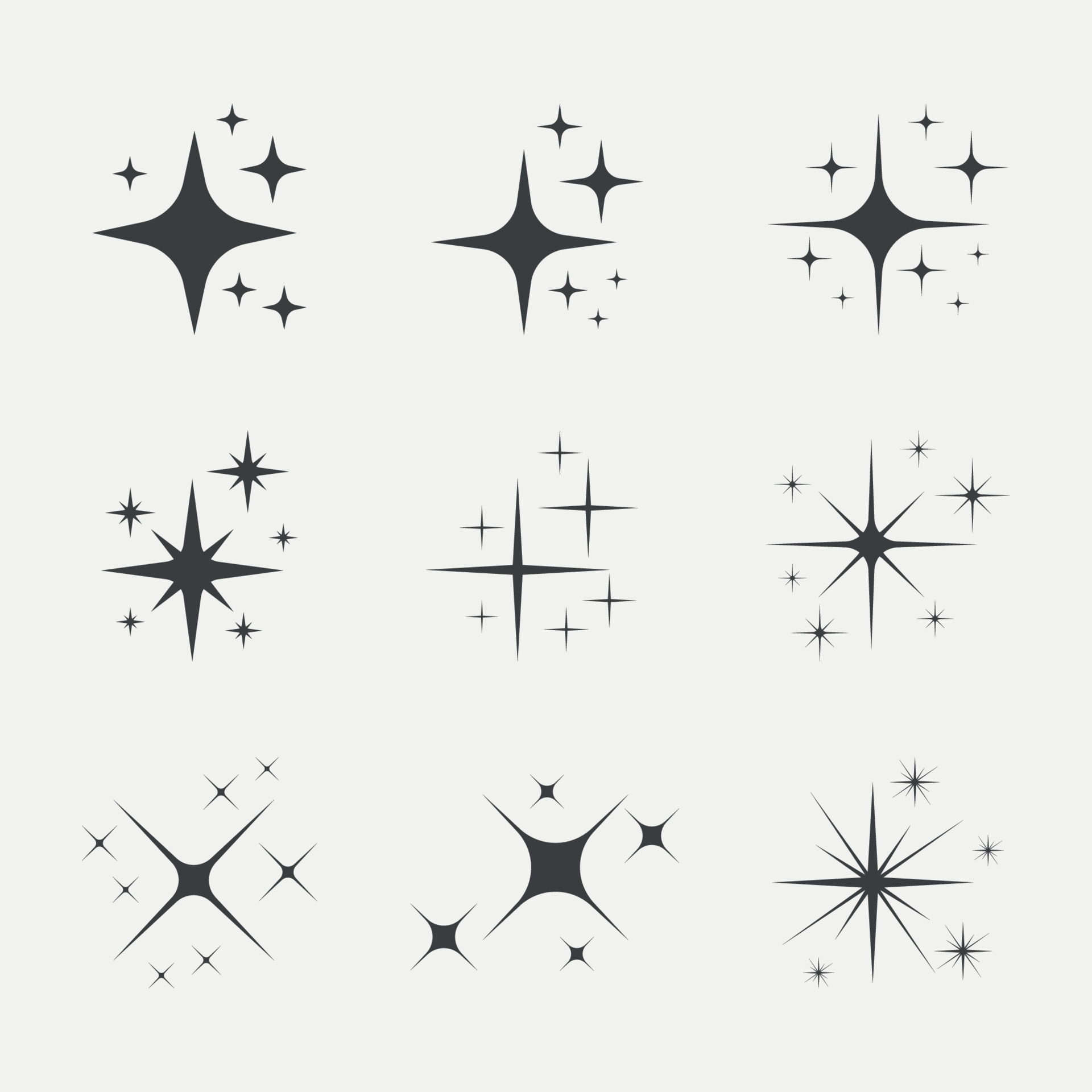 Set of twinkling star icon. Modern flat symbol on grey background. Free
