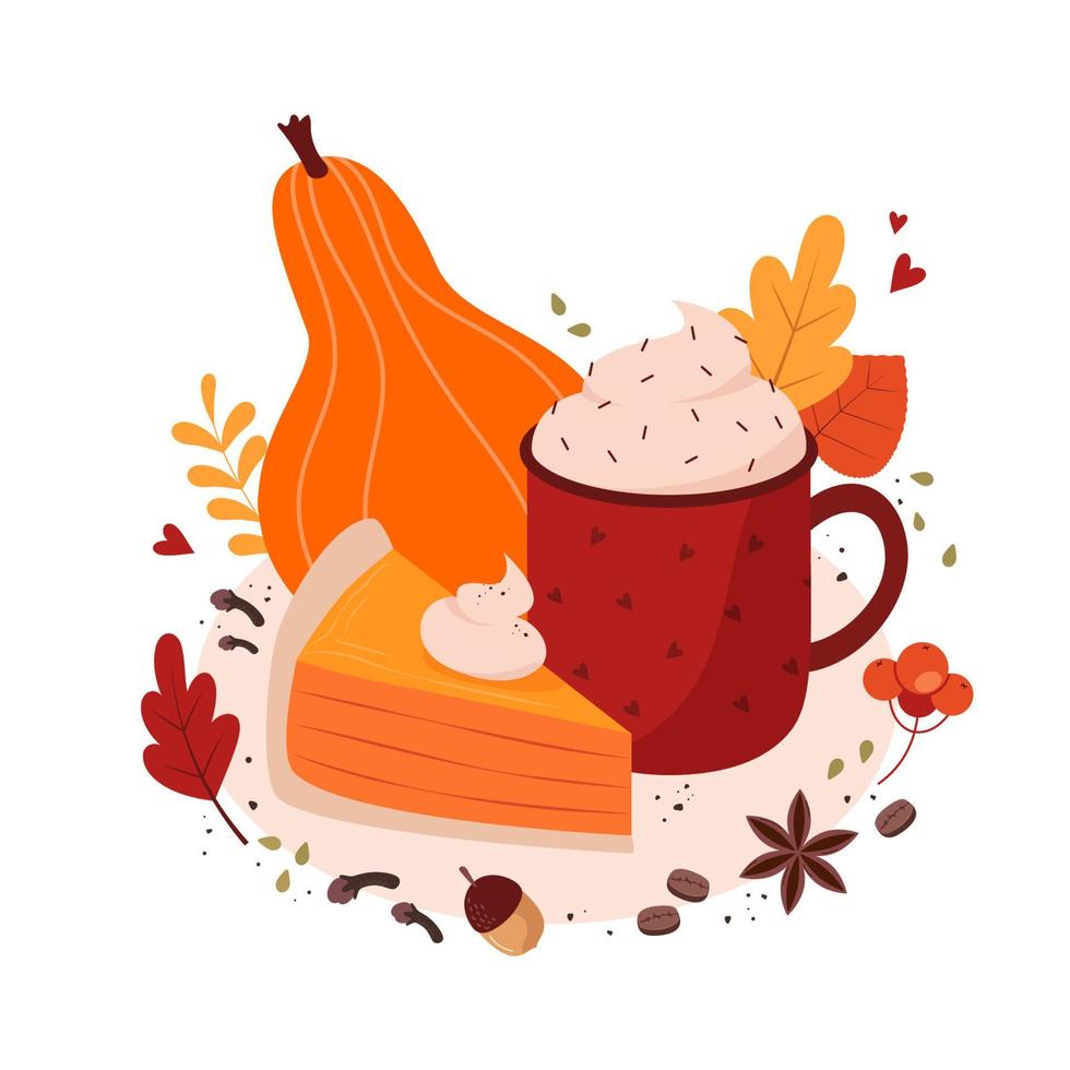 Spiced coffee and pumpkin pie with cream vector