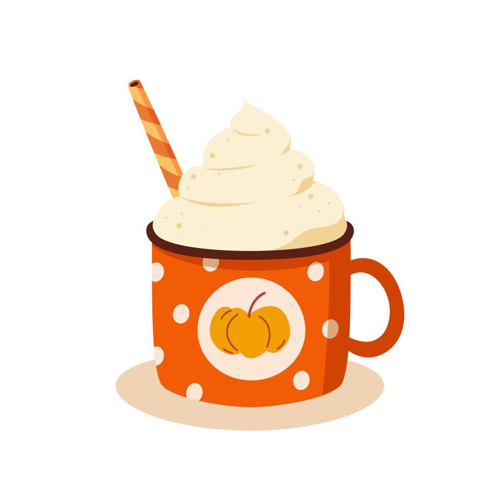 Hot pumpkin spiced latte in a disposable cup garnished with a whipped cream lid vector