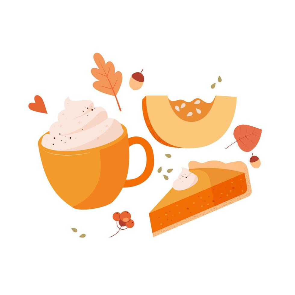 Latte de calabaza con especias y crema y pastel dulce vector