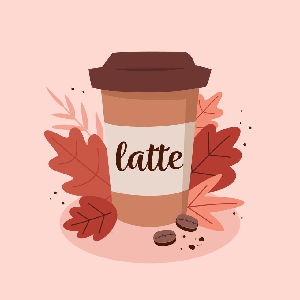 Latte en vaso de papel desechable decorado con hojas de otoño vector