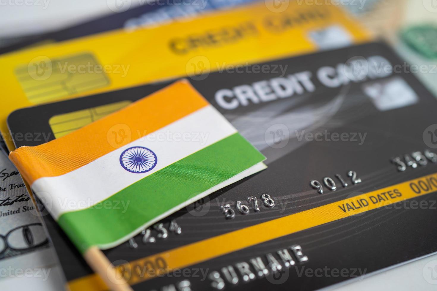 India flag on credit card. Finance development, Banking Account, Statistics, Investment Analytic research data economy, Stock exchange trading, Business company concept. photo