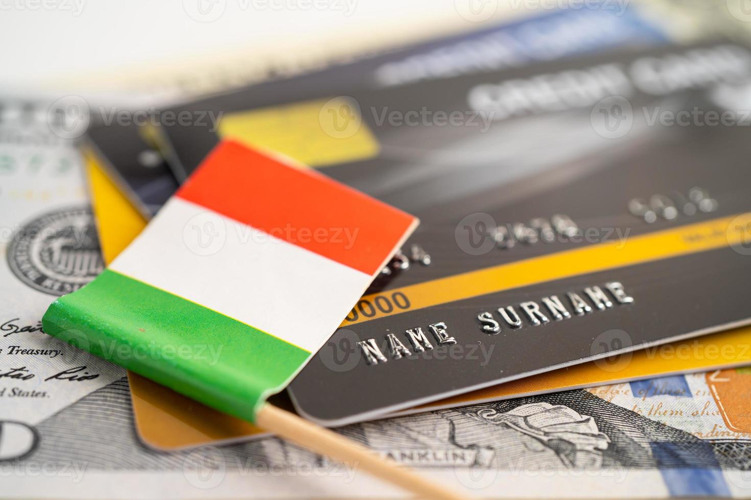 Italy flag on credit card. Finance development, Banking Account, Statistics, Investment Analytic research data economy, Stock exchange trading, Business company concept. photo