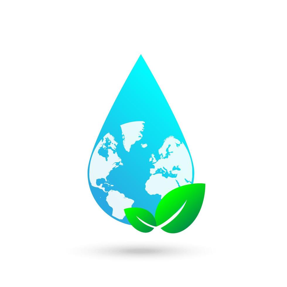 Gota de agua con hojas y globo vector icono ilustración, concepto ecológico