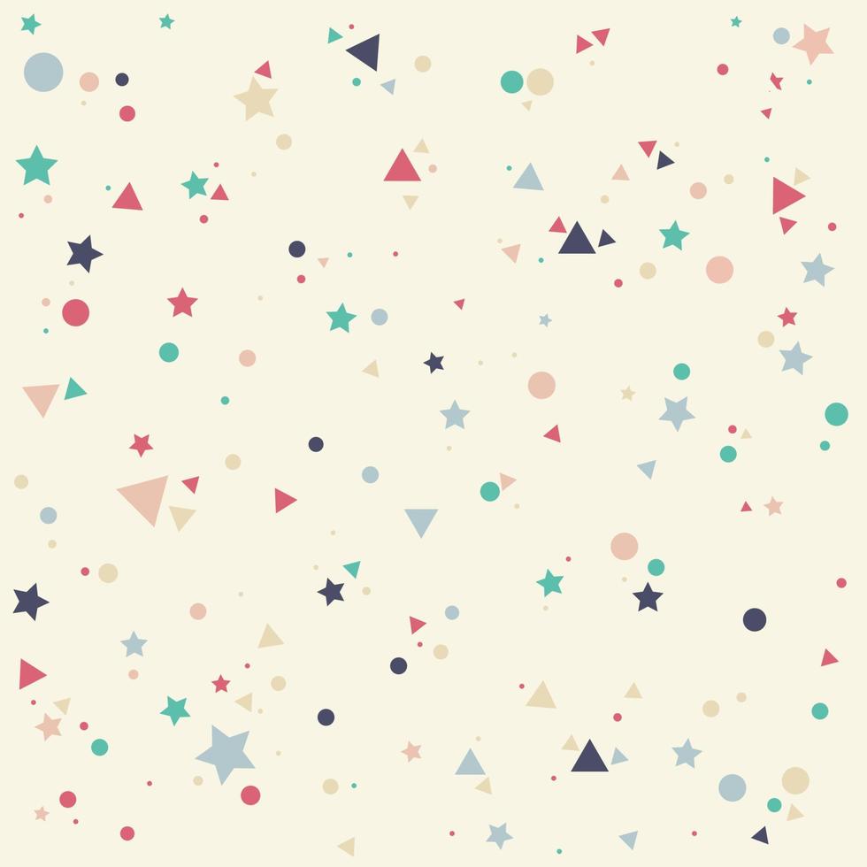 Abstract pattern with pastels colorful blue, gray, pink, orange  small circles, stars and triangles on yellow background. Infinity geometric. Vector