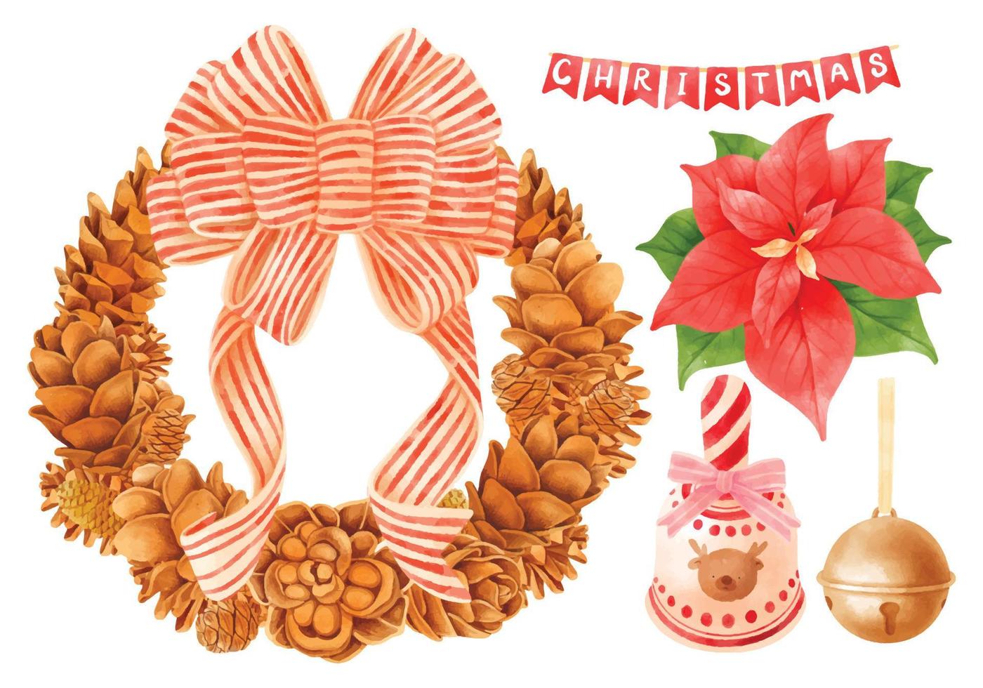 Christmas wooden wreath and decoration elements illustrations watercolor styles vector