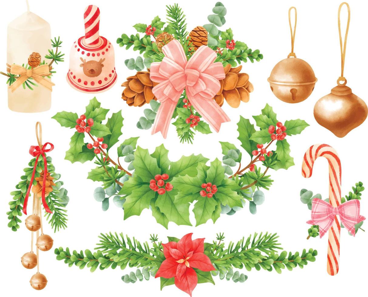 Christmas wreath decoration elements illustrations watercolor styles vector