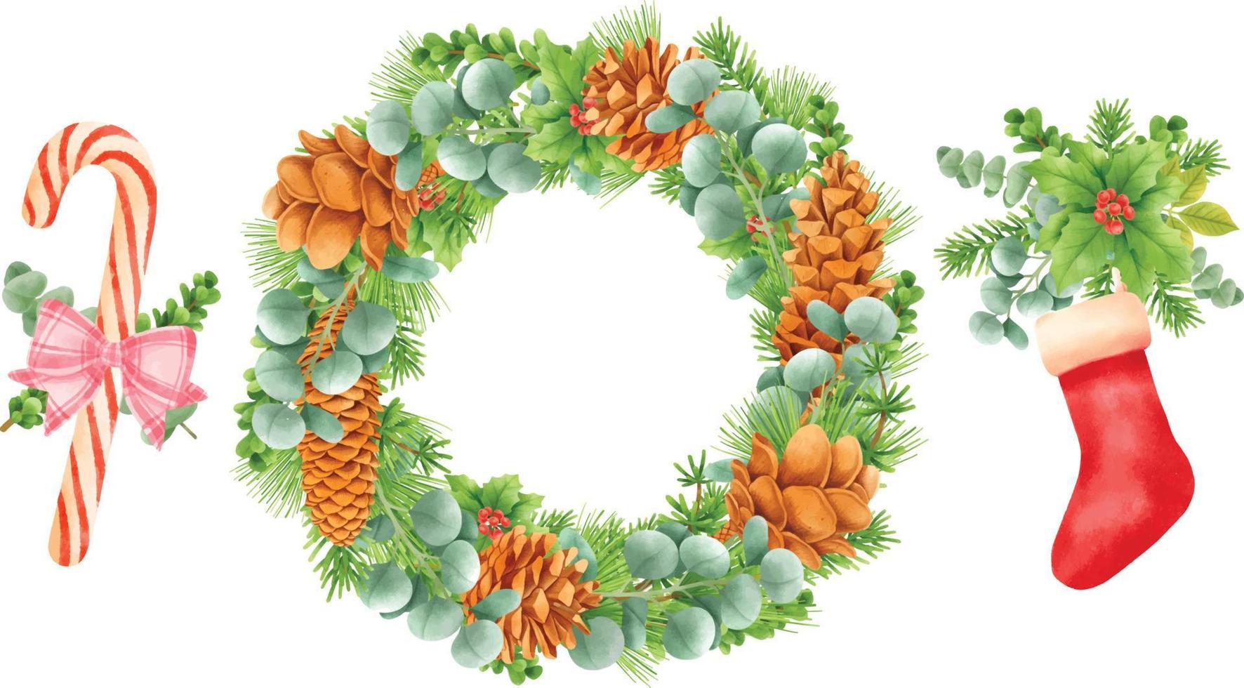 Christmas wreath decoration elements illustrations watercolor styles vector