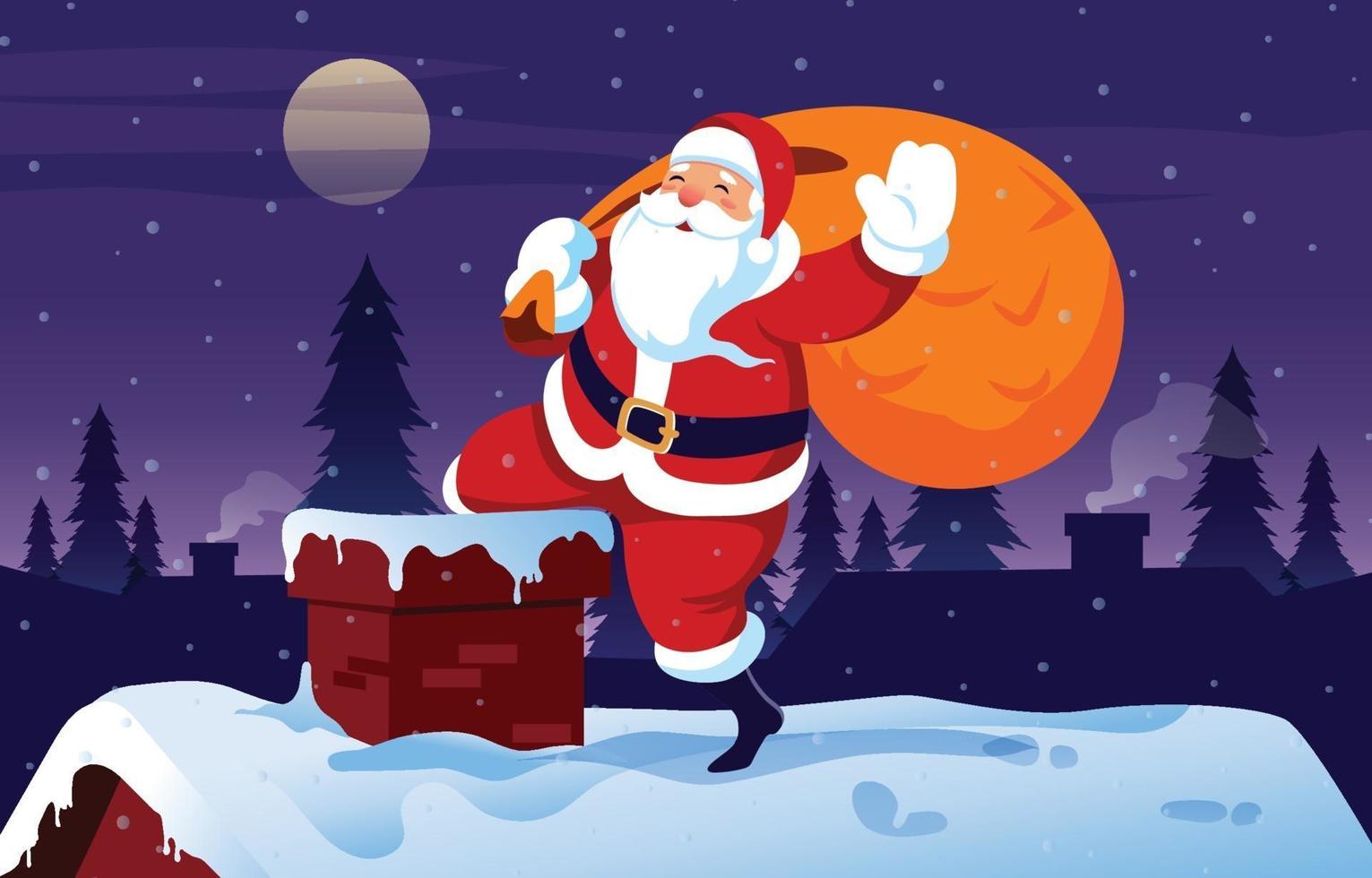 Santa on the Roof with a Bag of Gifts vector