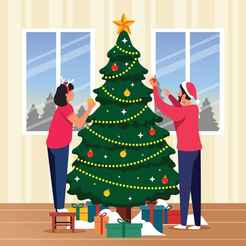 pareja decorando arbol de navidad vector