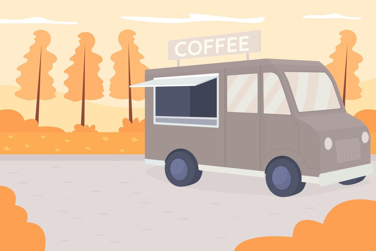 Autumn park flat color vector illustration. Coffee truck with espresso delivery. Van in public selling hot beverage. Urban recreation. Autumnal 2D cartoon landscape with no one on background