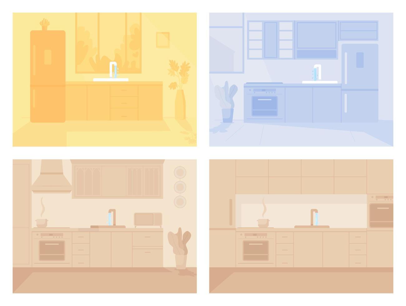 Ilustración de vector de color plano de cocina monocromática contemporánea. Muebles modernos en comedor. APARTAMENTO CON ELECTRODOMÉSTICO. Casa interior de dibujos animados en 2d con agua corriente del fregadero en el fondo