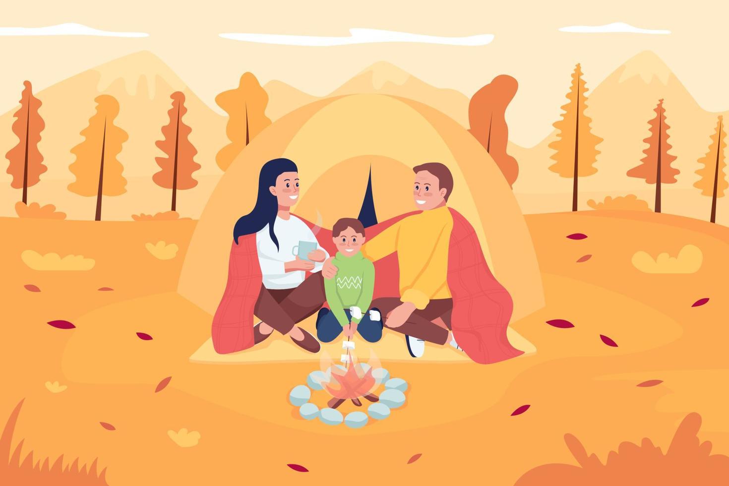 Camping familiar en la ilustración de vector de color plano de octubre. madre y padre sentados con un niño en el paisaje de otoño. Padres felices con personajes de dibujos animados 2d de niños con paisaje de fondo