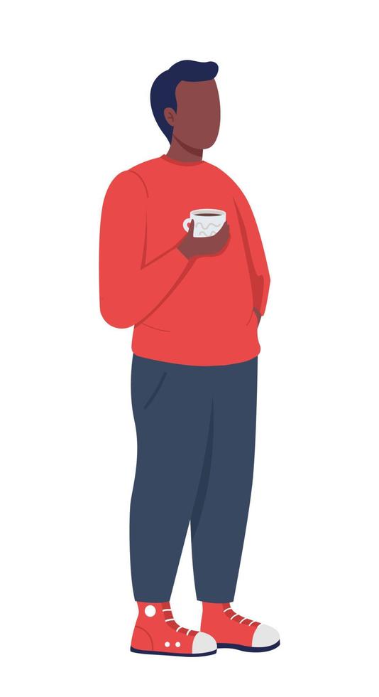 Hombre casual con carácter vectorial de color semi plano de taza de café. figura de pie. persona de cuerpo entero en blanco. descanso del trabajo aislado ilustración moderna de estilo de dibujos animados para diseño gráfico y animación vector