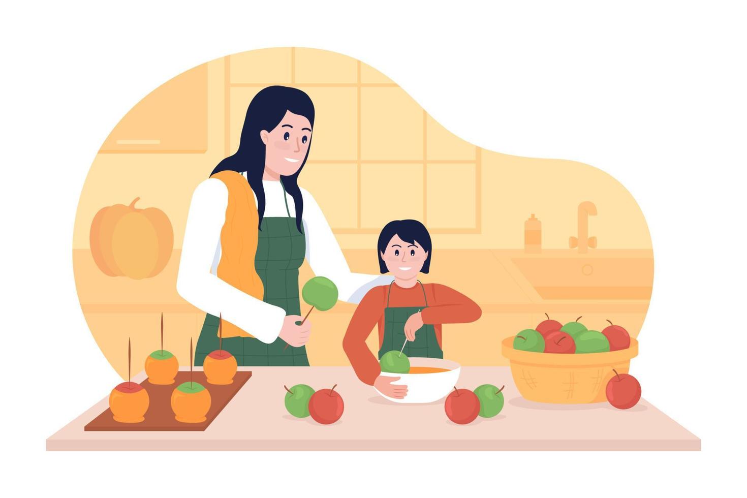 Cooking with child in fall 2D vector isolated illustration. Preparing candy apples in kitchen. Mother with kid spending time together flat characters on cartoon background. Fall treats colourful scene