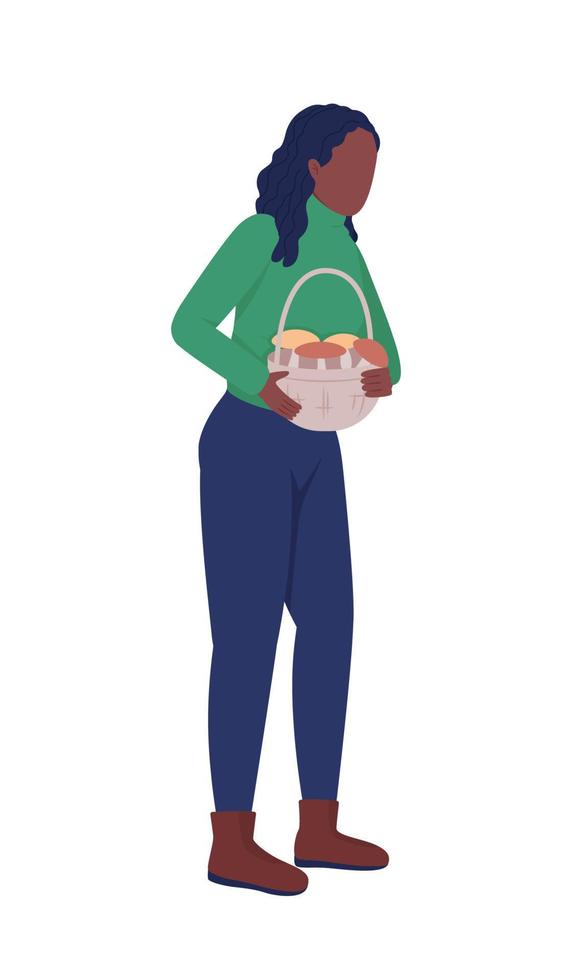 mujer lleva cesta con setas carácter vectorial de color semi plano. posando figura. persona de cuerpo entero en blanco. Ilustración de estilo de dibujos animados moderno aislado de otoño para diseño gráfico y animación vector