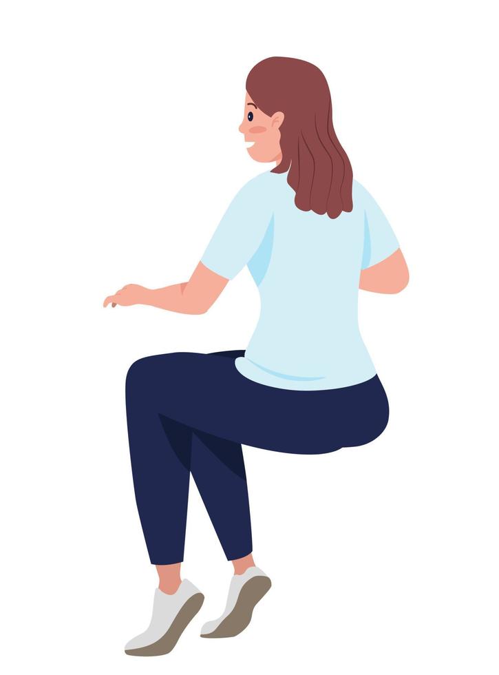 Sitting smiling woman semi flat color vector character. Posing figure. Full body person on white. Comfortable pose isolated modern cartoon style illustration for graphic design and animation