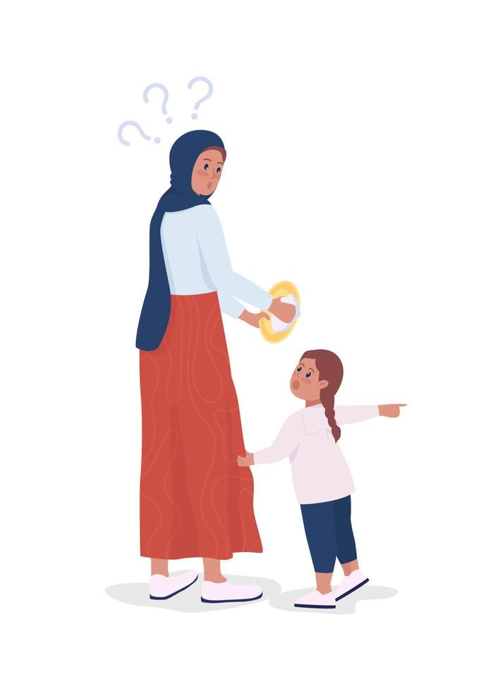 Child distracts mom semi flat color vector characters. Standing figures. Full body people on white. Family members isolated modern cartoon style illustration for graphic design and animation