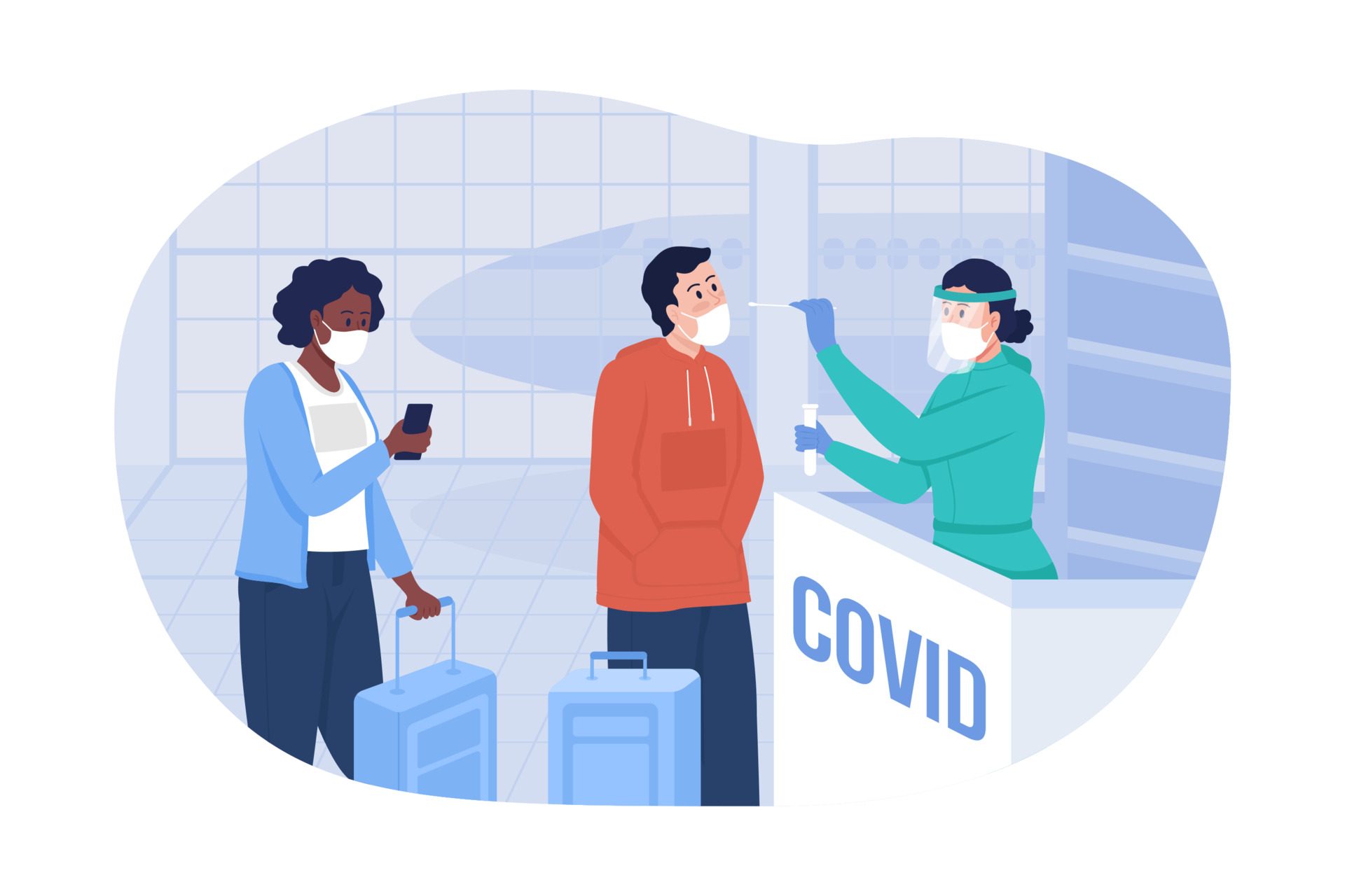 Testing for covid at airport 2D vector isolated illustration. Passengers and nurse in facial respiratory masks flat characters on cartoon background. Medical control for safe travel colourful scene 3598191 Vector Art at Testing for covid at airport 2D vector isolated illustration. Passengers and nurse in facial respiratory masks flat characters on cartoon background. Medical control for safe travel colourful scene 3598191 Vector Art at
