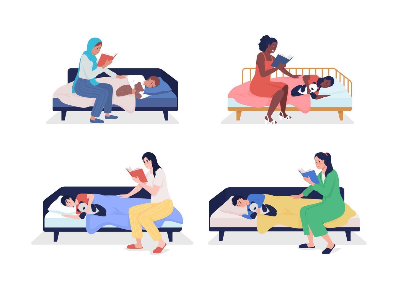 Mom read for child semi flat color vector character set. Sitting figures. Full body people on white. Family members isolated modern cartoon style illustration for graphic design and animation pack