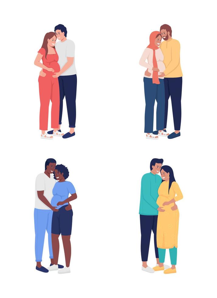 Expecting couple semi flat color vector character set. Standing figures. Full body people on white. Family members isolated modern cartoon style illustration for graphic design and animation pack