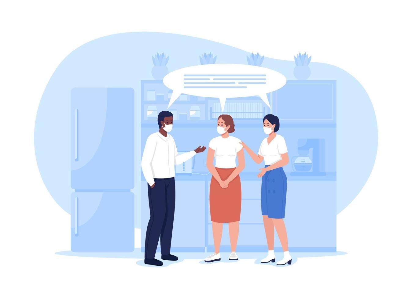 Coworkers in masks talk in kitchen 2D vector isolated illustration. Corporate employee in precautious facial masks flat characters on cartoon background. Post covid health safety colourful scene