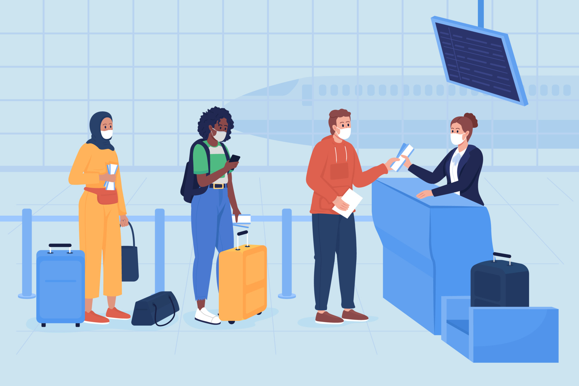 Safe boarding in airport terminal flat color vector illustration. Post  covid health precaution. Passengers in facial respiratory masks 2D cartoon  characters with airport blue interior on background 3598209 Vector Art at  Vecteezy