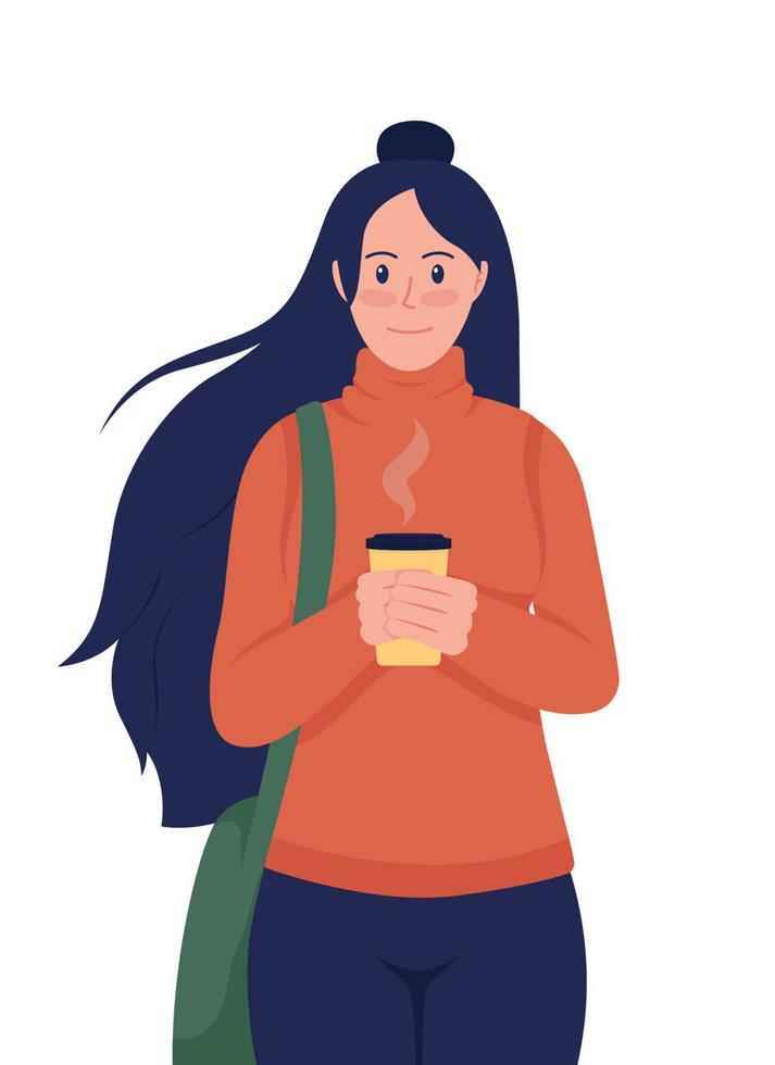 mujer con café en carácter de vector de color semi plano de capa. posando figura. persona de cuerpo entero en blanco. Ilustración de estilo de dibujos animados moderno aislado de otoño para diseño gráfico y animación