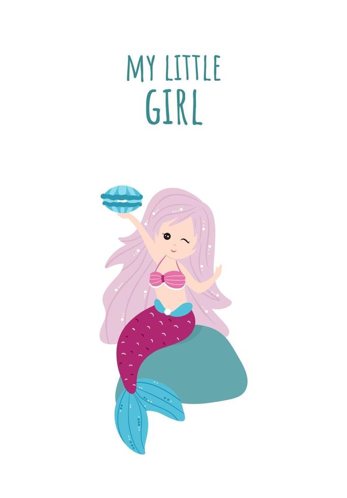 Poster, greeting card with cute little mermaid. Vector, cartoon style. vector